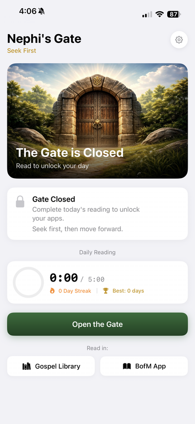 Nephi's Gate app showing the gate closed with reading timer