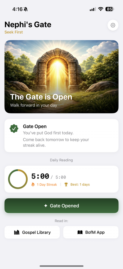 Nephi's Gate app showing the gate open after completing daily reading